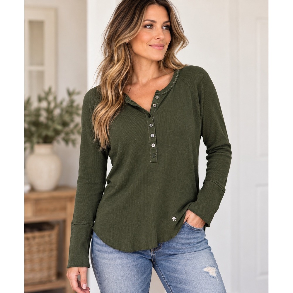 SO Wear It Declare It Y2K Olive Green Ribbed Cotton Henley Long Sleeve Top XL